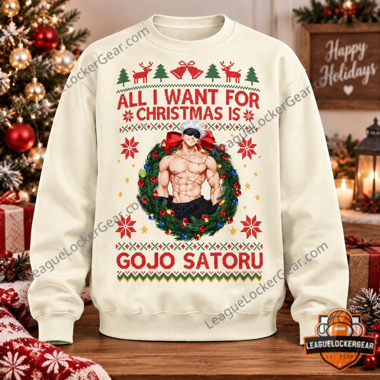 All I Want For Christmas Gojo Satoru Sweatshirt - front view with wreath character graphic