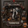 Art the Clown Halloween decorative wreath - full front view with circus scene and distressed signs