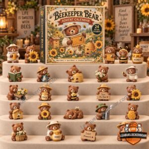 Beekeeper Bear Honey Bee 2026 Advent Calendar - front box with bear ornaments