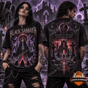 Black Sabbath Baptized in Thunder Halloween 2026 T-Shirt - front and back views with gothic lightning artwork