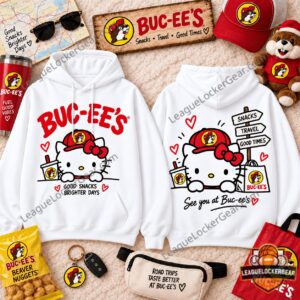 Buc-ee's × Hello Kitty Good Snacks Brighter Days Hoodie - front and back view