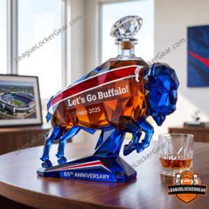 Buffalo Bills 65th Anniversary Whiskey Decanter - front view with football stopper and sculpted buffalo design