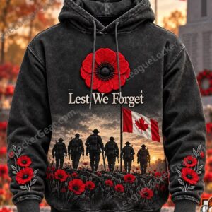 Canadian Remembrance Day Lest We Forget Poppy Soldiers Hoodie - front view with poppy and flag design