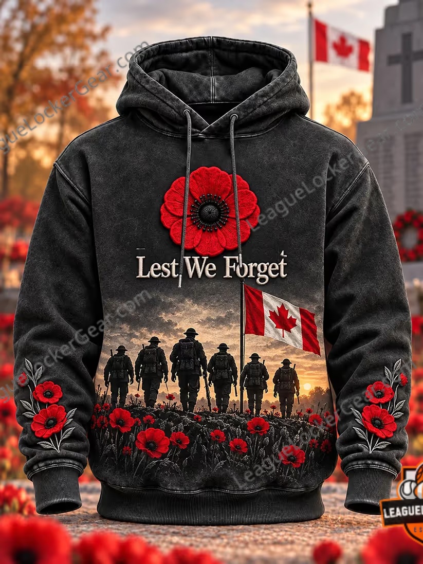 Canadian Remembrance Day Lest We Forget Poppy Soldiers Hoodie - front view with poppy and flag design