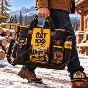 Caterpillar 100th Anniversary Tote Bag - front view showing CAT anniversary graphic and pockets