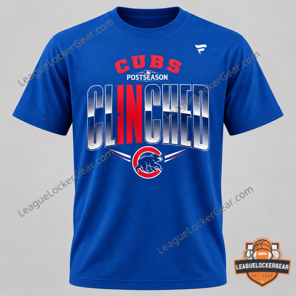 Chicago Cubs Postseason Clinched 2026 T-Shirt - front with CUBS, the postseason mark and the CLINCHED graphic
