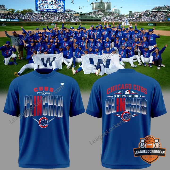 Chicago Cubs Postseason Clinched 2026 T-Shirt - front and back shown against the team celebrating at Wrigley Field