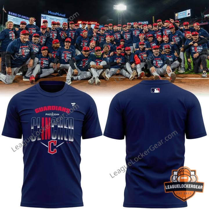 Cleveland Guardians Postseason Clinched 2026 T-Shirt - front and back shown against the team celebrating on the field