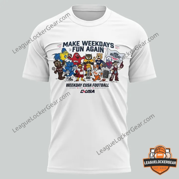 Back of the Conference USA shirt showing the navy weekday football schedule graphic