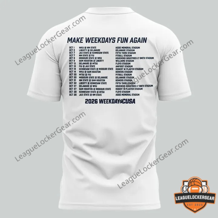 Conference USA shirt laid flat showing the full mascot line-up