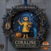 Coraline Button-Eyed Halloween 2026 Decorative Wreath - front view with character, cat, pumpkin, and signs