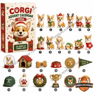 Corgi Christmas 2026 Advent Calendar - front box artwork and 24 corgi-themed door illustrations