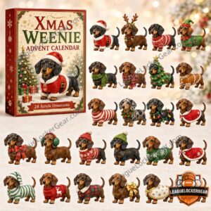 Dachshund Xmas Weenie 24 Acrylic Ornaments Advent Calendar 2026 - front box with festive dachshund designs