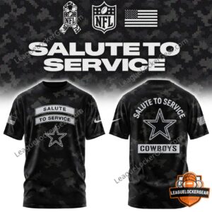 Dallas Cowboys Salute to Service 2026 T-Shirt - front and back views showing digital camouflage graphics