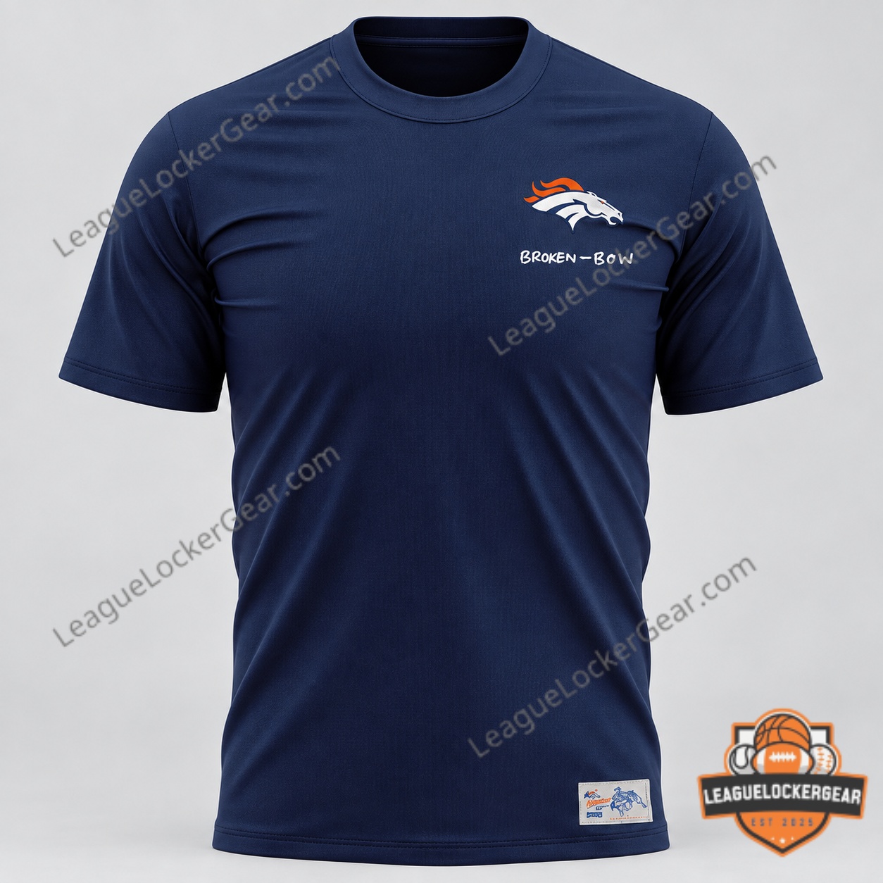Close-up of the Denver Broncos Broken-Bow 2026 T-Shirt back print, cowboy and bucking horse in white line art