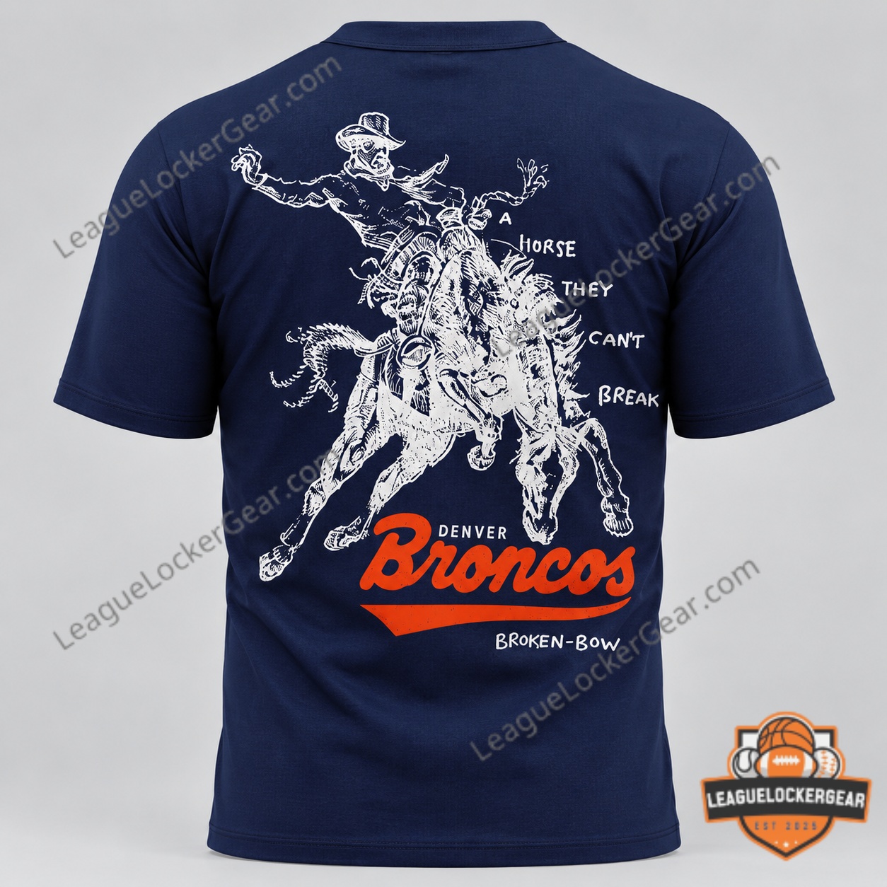 Front of the Denver Broncos Broken-Bow 2026 T-Shirt with the horse mark and handwritten Broken-Bow on the chest