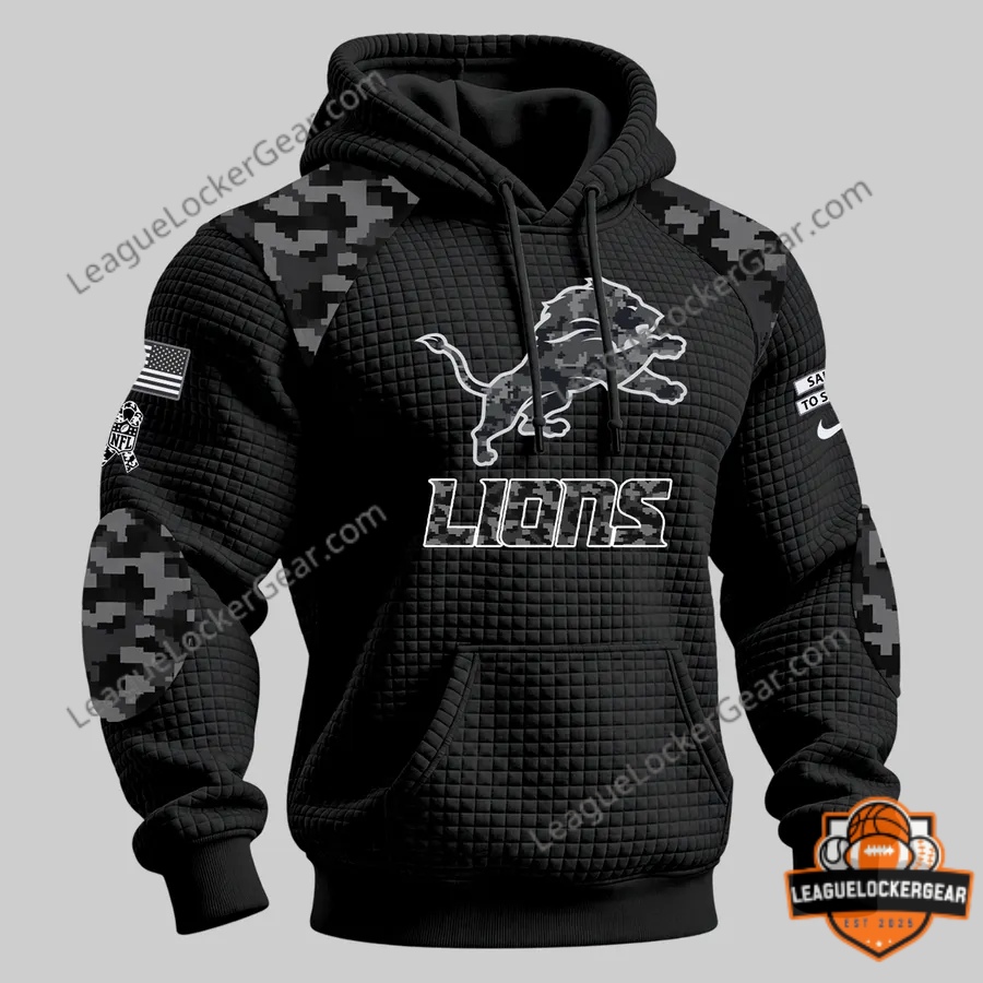 Detroit Lions Salute to Service hoodie - quilted black fabric with camo shoulders, chest lion and sleeve flag