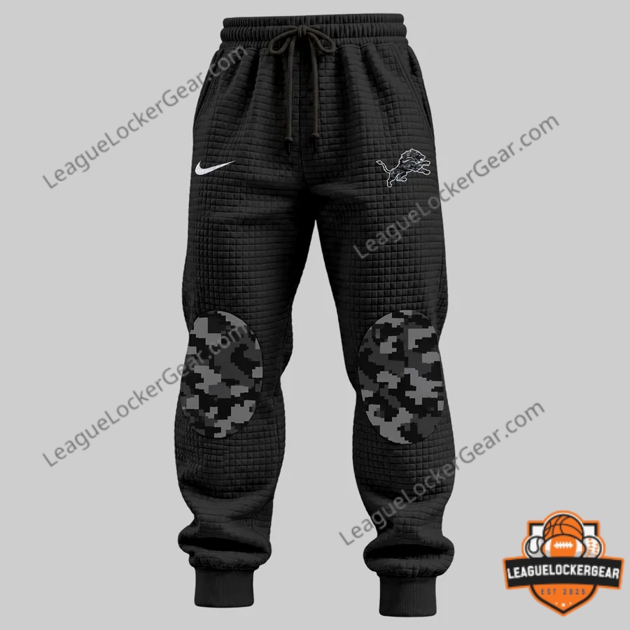 Detroit Lions Salute to Service joggers - quilted black with camo knee panels and ribbed ankle cuffs
