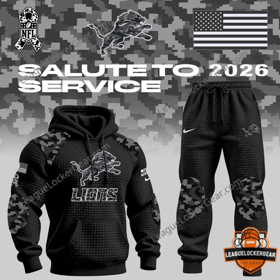 Detroit Lions 2026 Salute to Service Hoodie and Jogger Set - hoodie and joggers shown together on a camo background