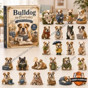 English Bulldog Everyday Life Advent Calendar 2026 - front box and illustrated bulldog ornament designs