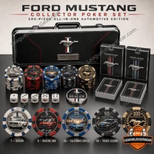 Ford Mustang Collector Edition Poker Set - complete set displayed with case, cards, chips, dice, and dealer