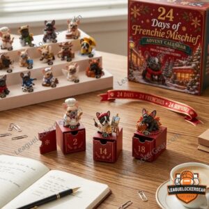 French Bulldog figurines displayed with the advent calendar box