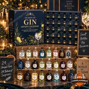 Gin 24 Days Botanical Surprises Advent Calendar 2026 - open calendar with miniature gin bottles displayed