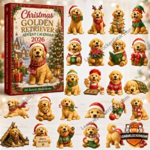Golden Retriever Christmas 2026 Advent Calendar 2026 box with festive puppy ornament designs