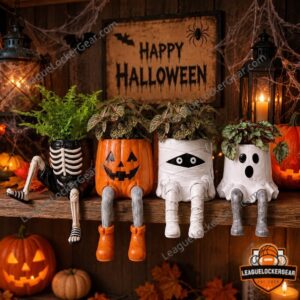 Halloween 2026 Skeleton Pumpkin Mummy Ghost Monster Planters - four character planters with dangling legs
