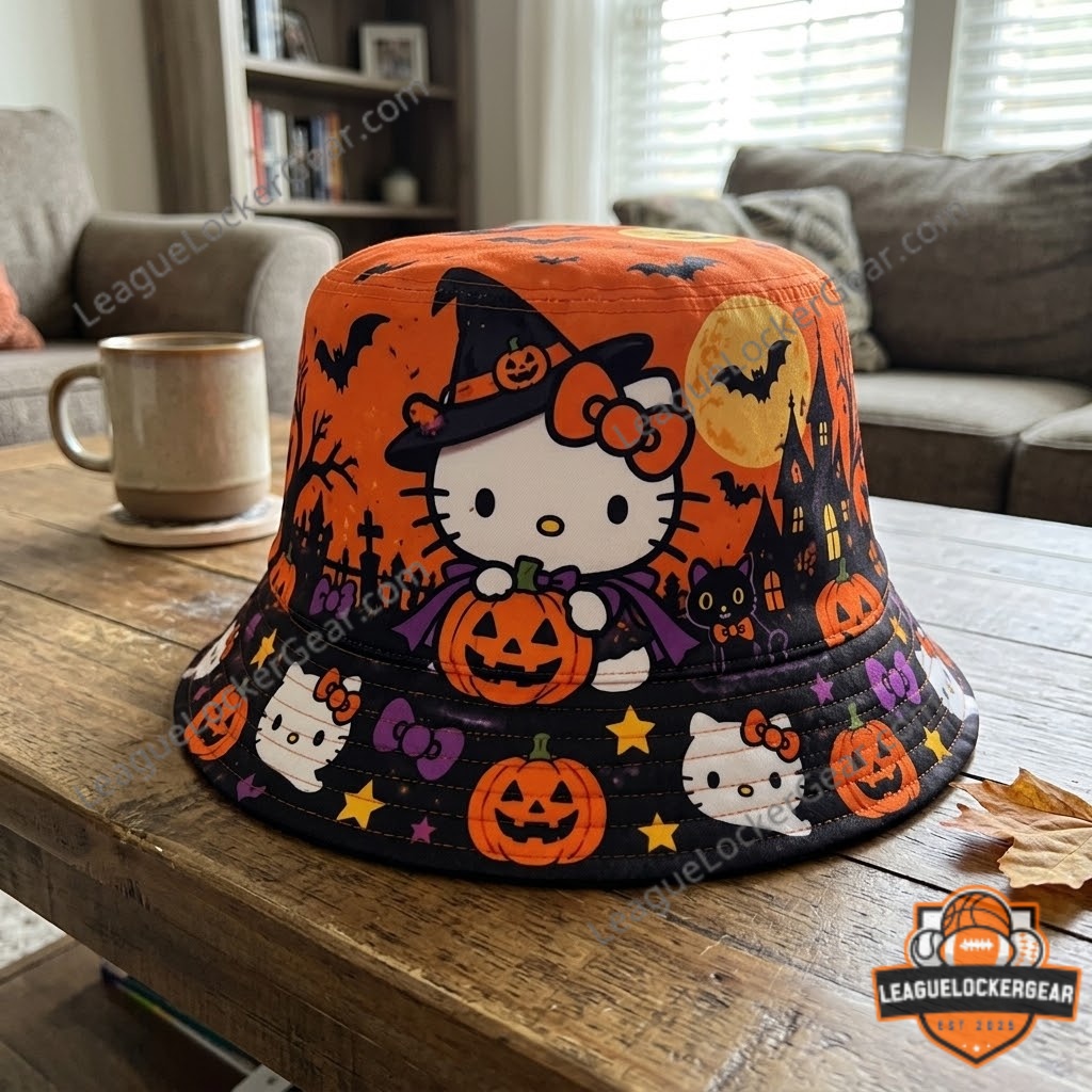 Hello Kitty Halloween Witch Bucket Hat 2026 - rear view with haunted Halloween pattern
