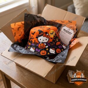 Hello Kitty Halloween Witch Bucket Hat 2026 - top view showing moon and bat print