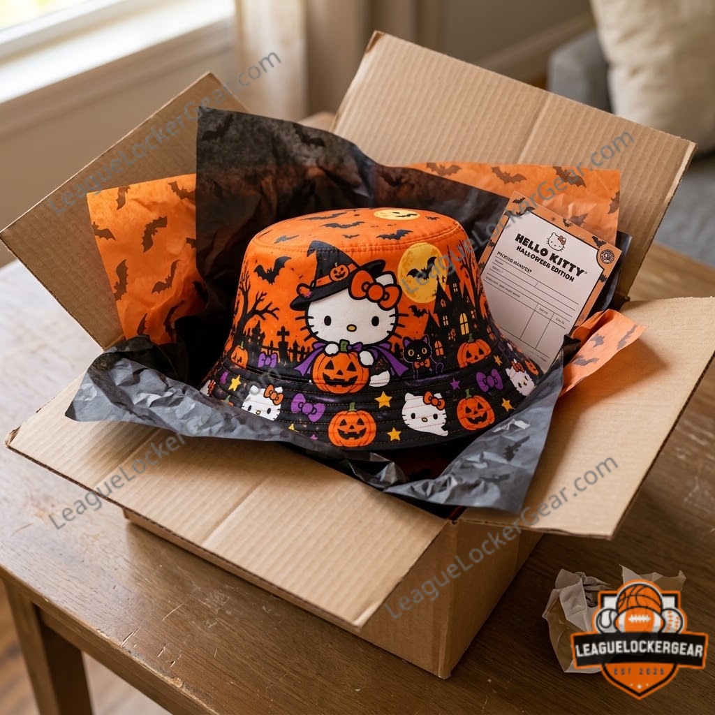 Hello Kitty Halloween Witch Bucket Hat 2026 - top view showing moon and bat print