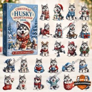 Husky Christmas 2026 Advent Calendar - front box with 24 husky ornament illustrations