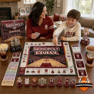 Indiana Hoosiers Monopoly box, cards, tokens, money, and basketball-themed playing pieces