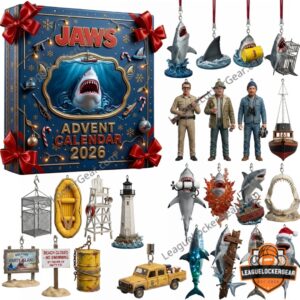 Jaws 2026 Advent Calendar - front box and shark-themed ornament collection