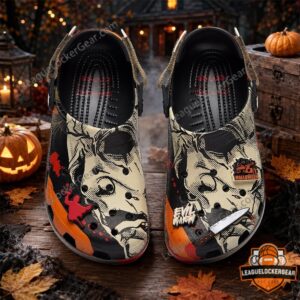Jigsaw and Michael Myers Halloween 2026 Crocs Clogs - front view showing horror graphics and themed charms