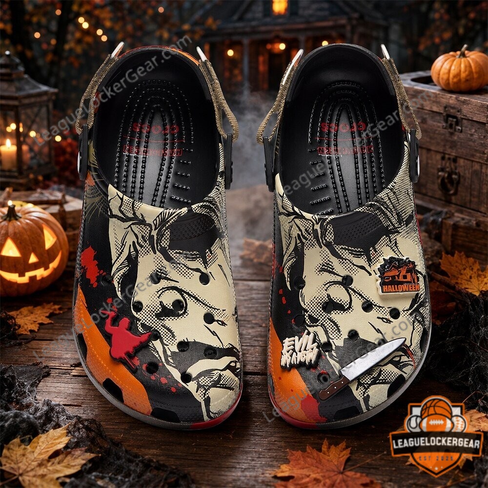 Jigsaw and Michael Myers Halloween 2026 Crocs Clogs - front view showing horror graphics and themed charms