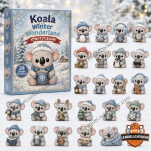 Koala Winter Wonderland Advent Calendar 2026 - front box beside rows of koala ornament characters