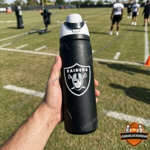 Las Vegas Raiders Raider Rusher 2026 Water Bottle - reverse view with rushing player graphic