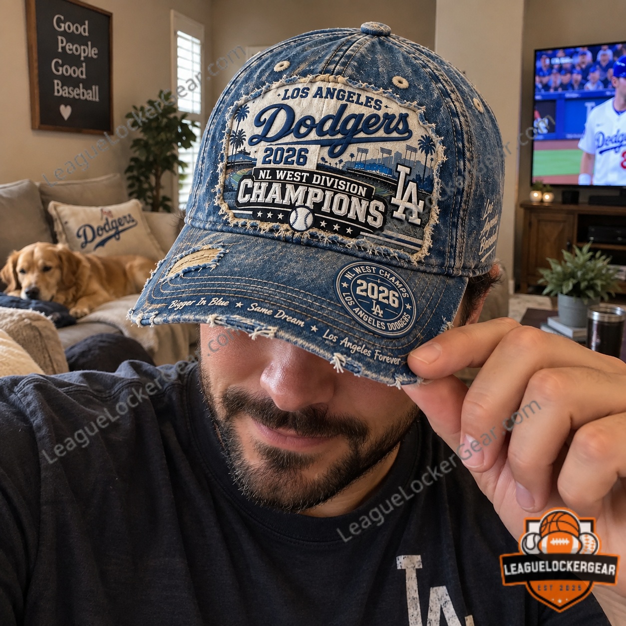 Side of the Dodgers championship cap showing the stitched panels and curved brim