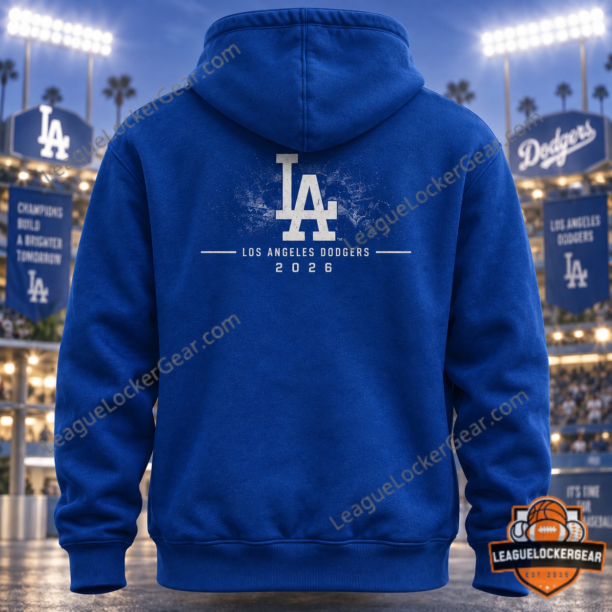 Detail of the Dodgers championship hoodie showing the hood and pocket