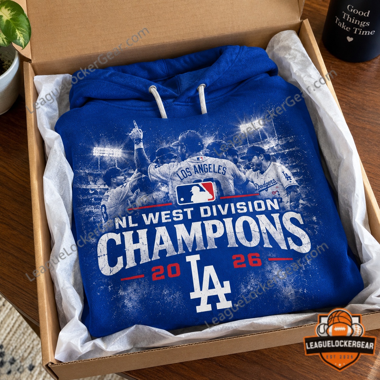 Dodgers championship hoodie shown flat with the full front print