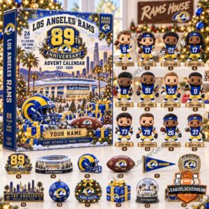 Los Angeles Rams 89th Anniversary 2026 Advent Calendar Box - front view with numbered figurines and