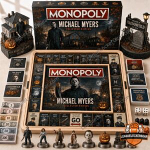 Michael Myers Halloween 2026 Monopoly Board Game - full board layout with box, cards, and figures