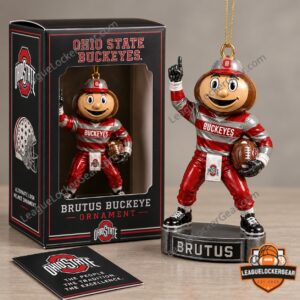 NCAA 2026 Ohio State Buckeyes Brutus Buckeye Ornament - boxed front view with mascot figurine displayed