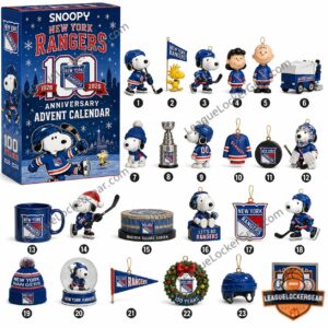 New York Rangers Snoopy 100th Anniversary 2026 Advent Calendar - front box and collectible figures