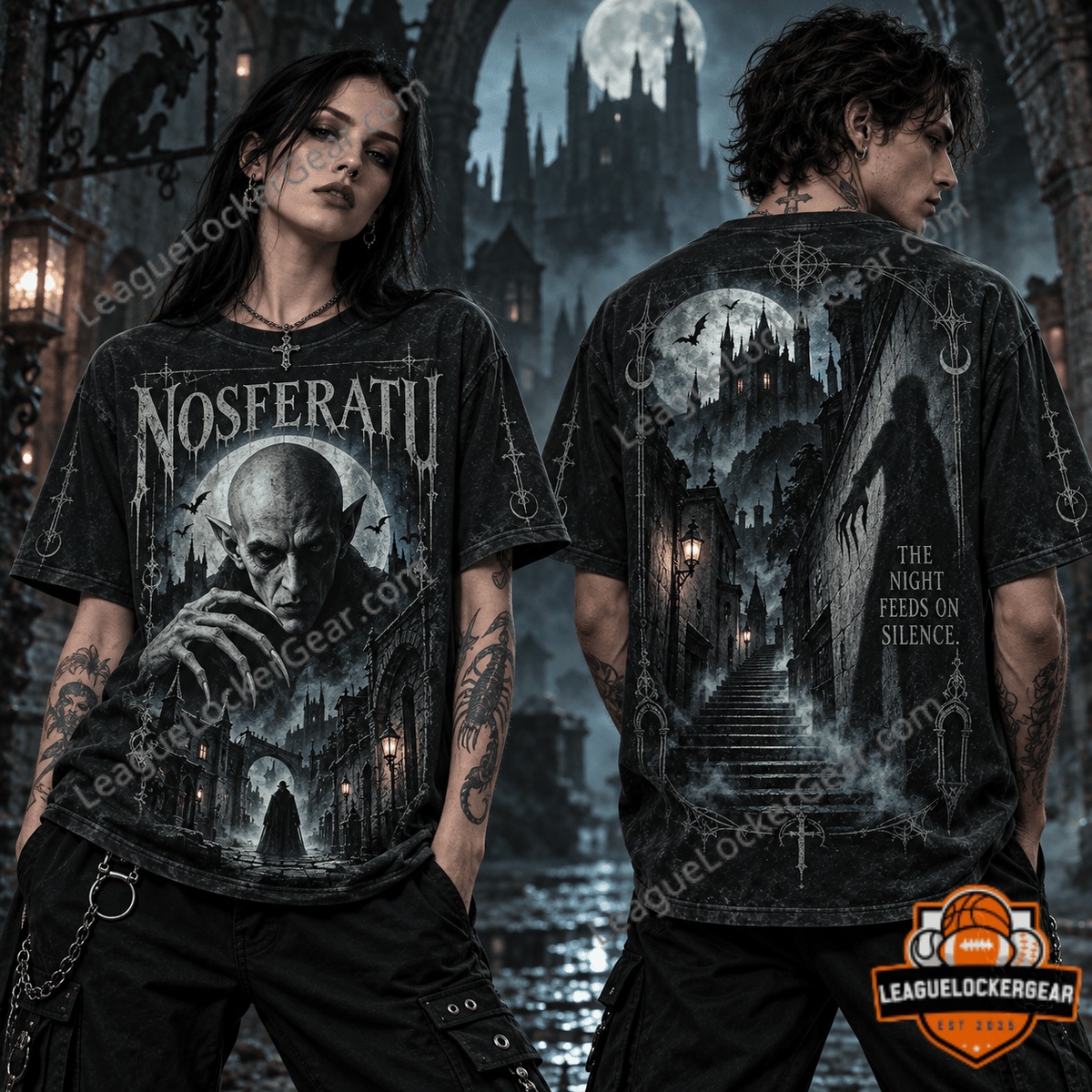 Nosferatu The Night Feeds on Silence T-Shirt showing front and back gothic artwork