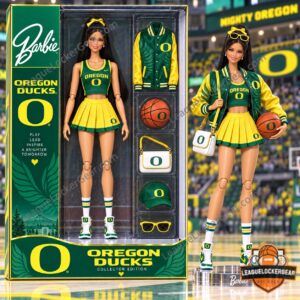 Oregon Ducks Barbie Collector Edition Collectible Figure - boxed doll with accessories and displayed figure