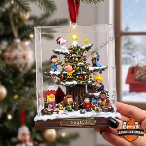 Clear ornament showing Snoopy and Peanuts characters around decorated Christmas tree