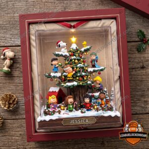 Close view of snowy Christmas scene and personalized name plaque
